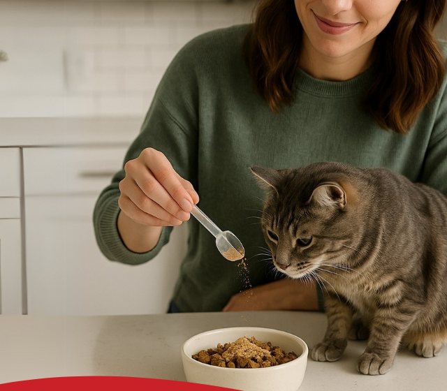 Cat getting a spoonful of immune powder on her food