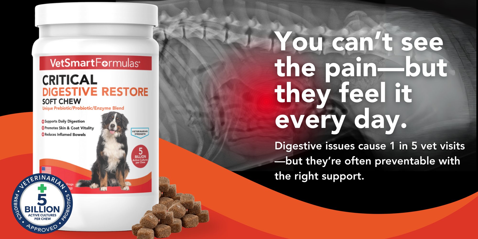 You can’t see the pain — but they feel it every day. Digestive issues cause 1 in 5 vet visits. VetSmart Formulas Critical Digestive Restore