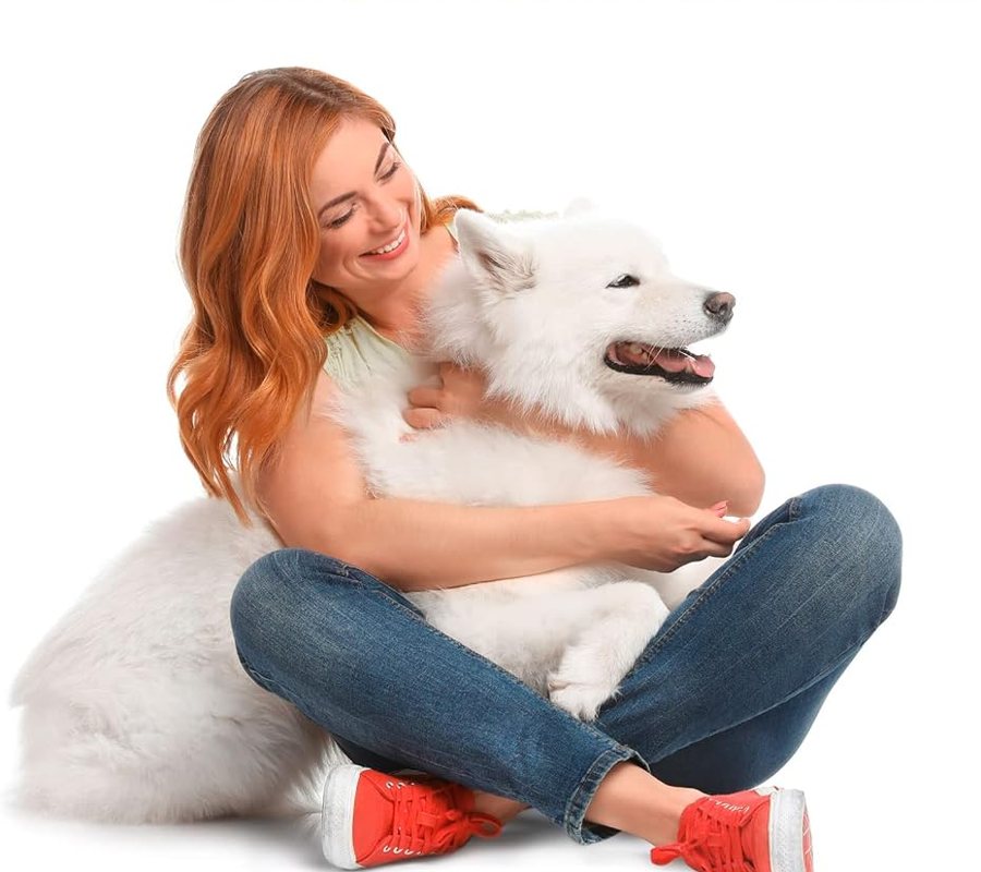 Owner hugging a fluffy Samoyed